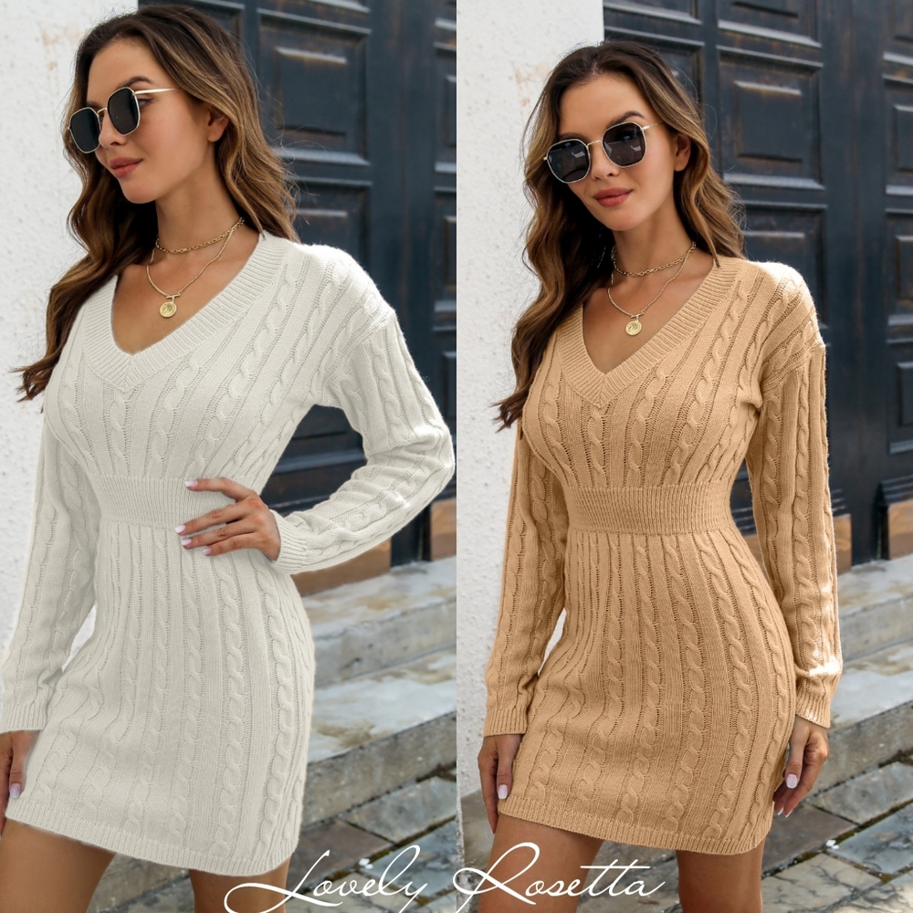 Ivory V-Neck Sweater Mini Dress - Picture 7 of 8
